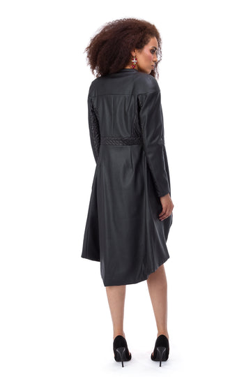 Black eco-leather coat with red jacquard elements
